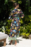 Delmare Multicolour Abstract Long Sleeve Belted Midi Dress