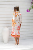 Soletta Coral Pink Tropical Long Sleeve Belted Midi Dress