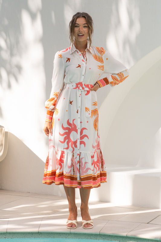 Soletta Coral Pink Tropical Long Sleeve Belted Midi Dress