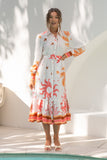 Soletta Coral Pink Tropical Long Sleeve Belted Midi Dress