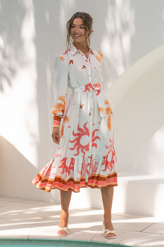 Soletta Coral Pink Tropical Long Sleeve Belted Midi Dress