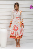 Soletta Coral Pink Tropical Long Sleeve Belted Midi Dress