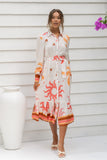 Soletta Coral Pink Tropical Long Sleeve Belted Midi Dress
