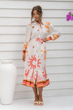 Soletta Coral Pink Tropical Long Sleeve Belted Midi Dress