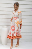 Soletta Coral Pink Tropical Long Sleeve Belted Midi Dress