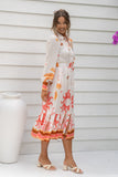 Soletta Coral Pink Tropical Long Sleeve Belted Midi Dress