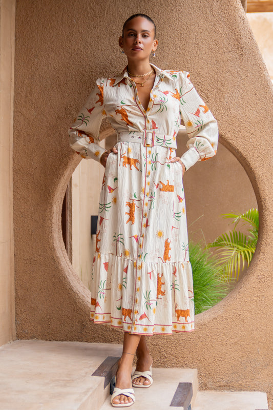 Kaya Orange Tiger Abstract Long Sleeve Belted Maxi Dress
