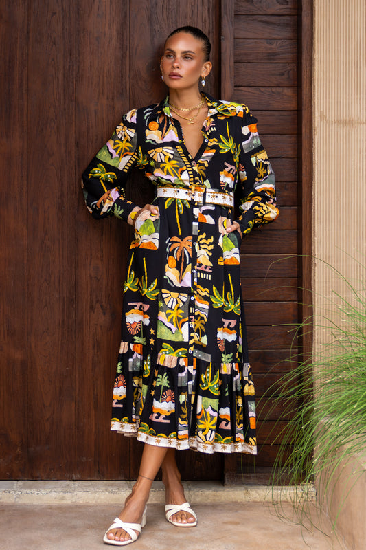 Aelithia Multicolour Tropical Long Sleeve Belted Maxi Dress