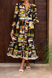 Aelithia Multicolour Tropical Long Sleeve Belted Maxi Dress