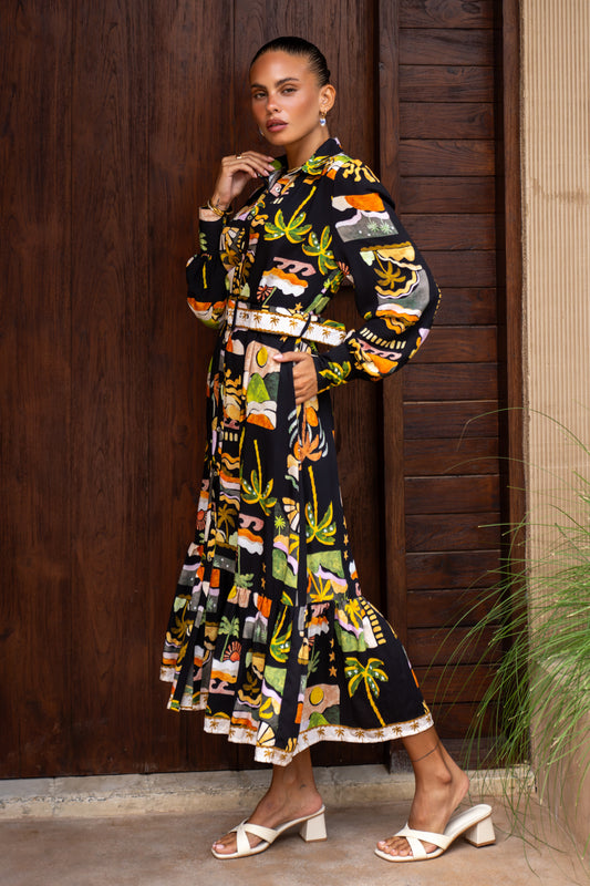Aelithia Multicolour Tropical Long Sleeve Belted Maxi Dress