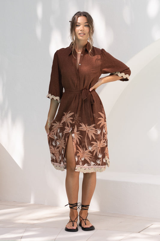 Eriselle Brown Tropical Ric Rac Midi Dress