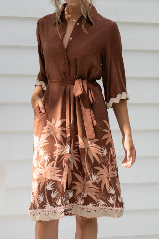 Eriselle Brown Tropical Ric Rac Midi Dress