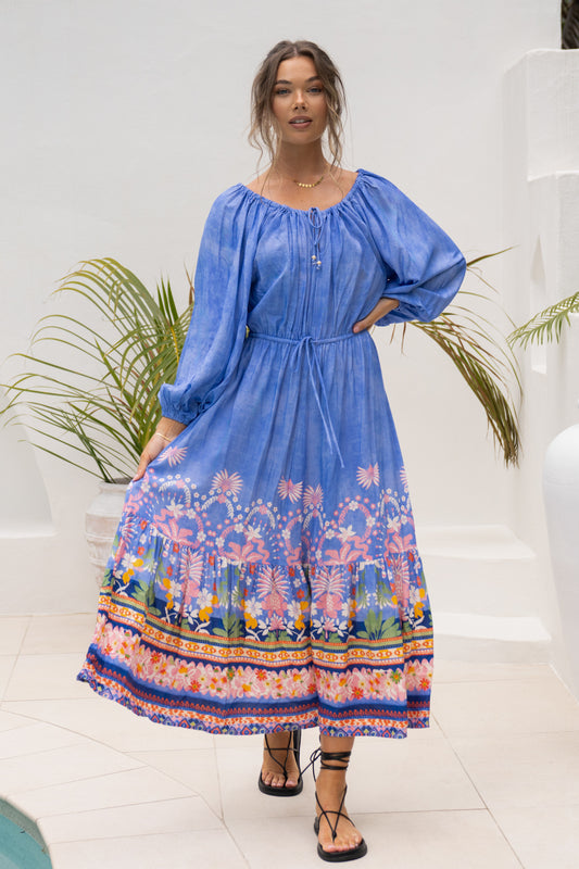 Indira Blue Boho Long Sleeve Maxi Dress