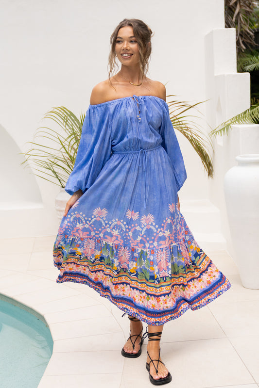Indira Blue Boho Long Sleeve Maxi Dress