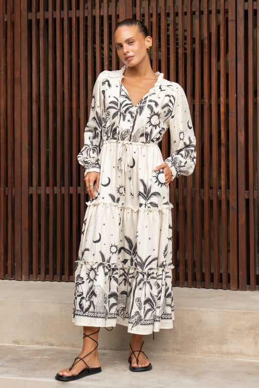 Savani Beige Black Tropical Long Sleeve Maxi Dress