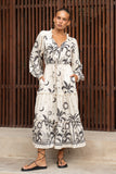 Savani Beige Black Tropical Long Sleeve Maxi Dress