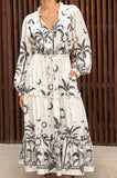 Savani Beige Black Tropical Long Sleeve Maxi Dress