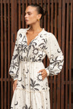 Savani Beige Black Tropical Long Sleeve Maxi Dress