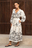 Savani Beige Black Tropical Long Sleeve Maxi Dress