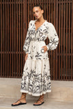 Savani Beige Black Tropical Long Sleeve Maxi Dress