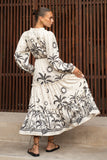 Savani Beige Black Tropical Long Sleeve Maxi Dress