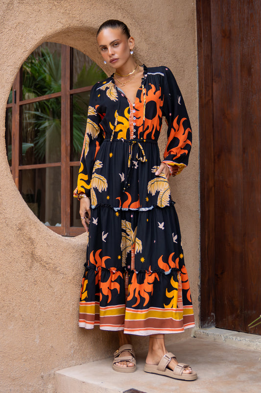 Solianne Black Tropical Long Sleeve Maxi Dress