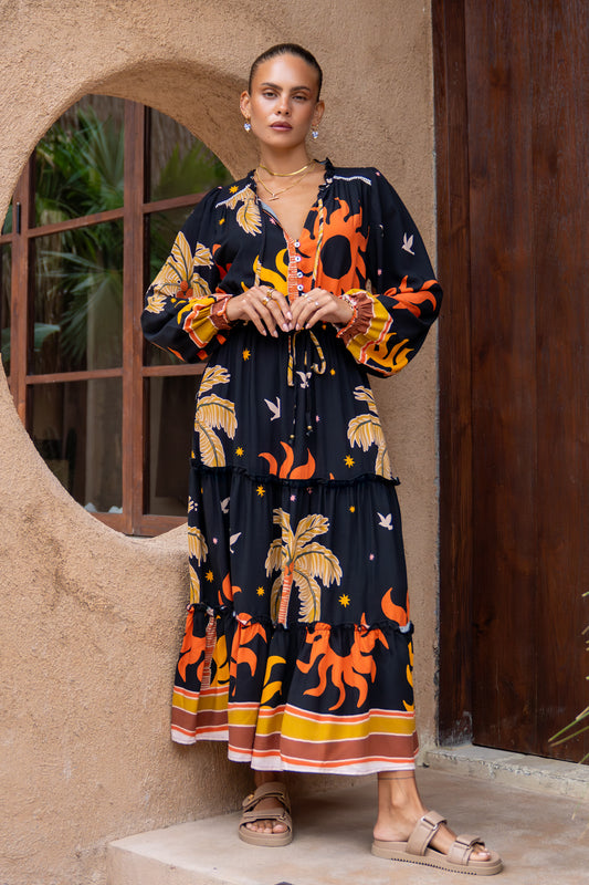 Solianne Black Tropical Long Sleeve Maxi Dress