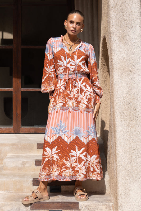 Nari Rust Brown Tropical Long Sleeve Button Maxi Dress