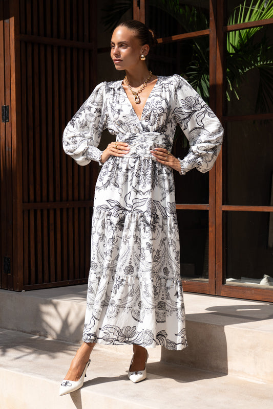 Adeline Black Floral Long Sleeve Tiered Maxi Dress