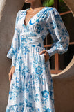 Lorellina Blue Floral Long Sleeve Tiered Maxi Dress