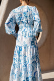 Lorellina Blue Floral Long Sleeve Tiered Maxi Dress