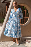 Lorellina Blue Floral Long Sleeve Tiered Maxi Dress