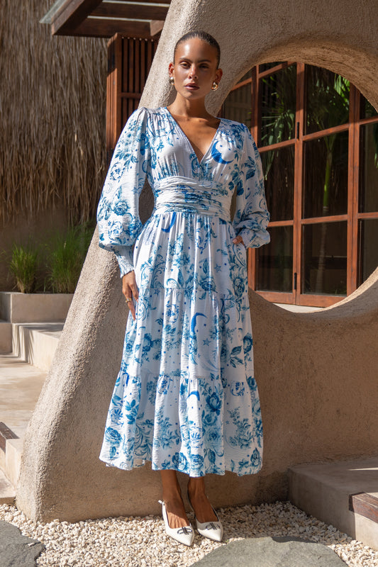 Lorellina Blue Floral Long Sleeve Tiered Maxi Dress