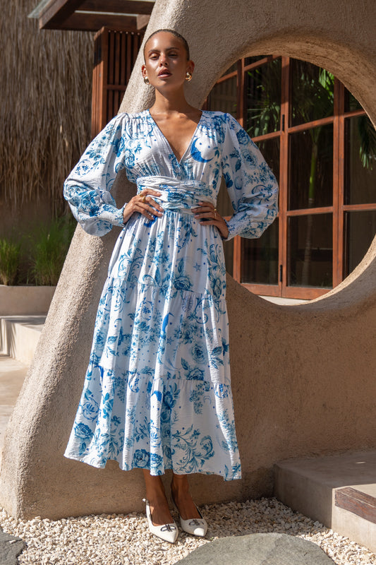Lorellina Blue Floral Long Sleeve Tiered Maxi Dress