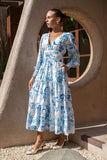 Lorellina Blue Floral Long Sleeve Tiered Maxi Dress