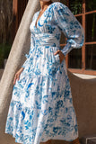 Lorellina Blue Floral Long Sleeve Tiered Maxi Dress