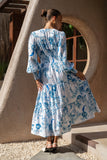 Lorellina Blue Floral Long Sleeve Tiered Maxi Dress