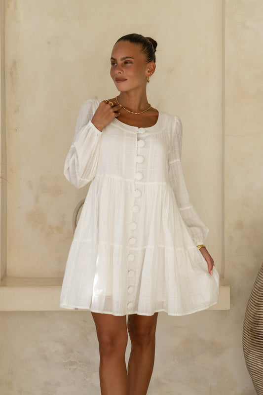 Peggy White Button Tiered Mini Dress
