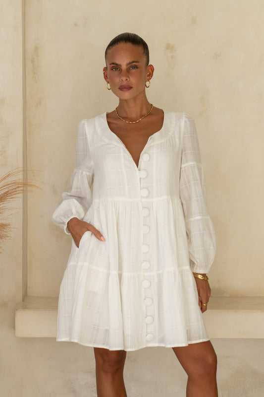 Peggy White Button Tiered Mini Dress