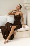 Zeni Brown White Polka Dot Ruched Detail Maxi Dress