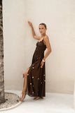 Zeni Brown White Polka Dot Ruched Detail Maxi Dress