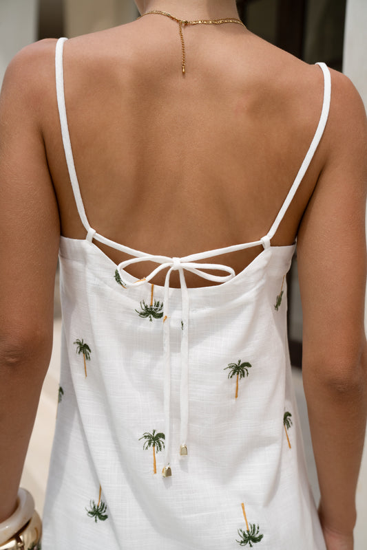 Little Palms Embroidered Green Tropical Mini Dress