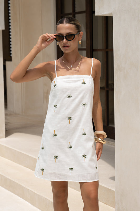 Little Palms Embroidered Green Tropical Mini Dress