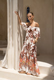 Kailah Brown Tropical Flared Sleeve Maxi Dress
