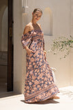 Amarante Navy Peach Floral Boho Flared Sleeve Maxi Dress