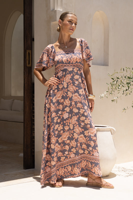 Amarante Navy Peach Floral Boho Flared Sleeve Maxi Dress
