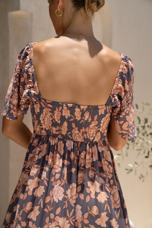Amarante Navy Peach Floral Boho Flared Sleeve Maxi Dress