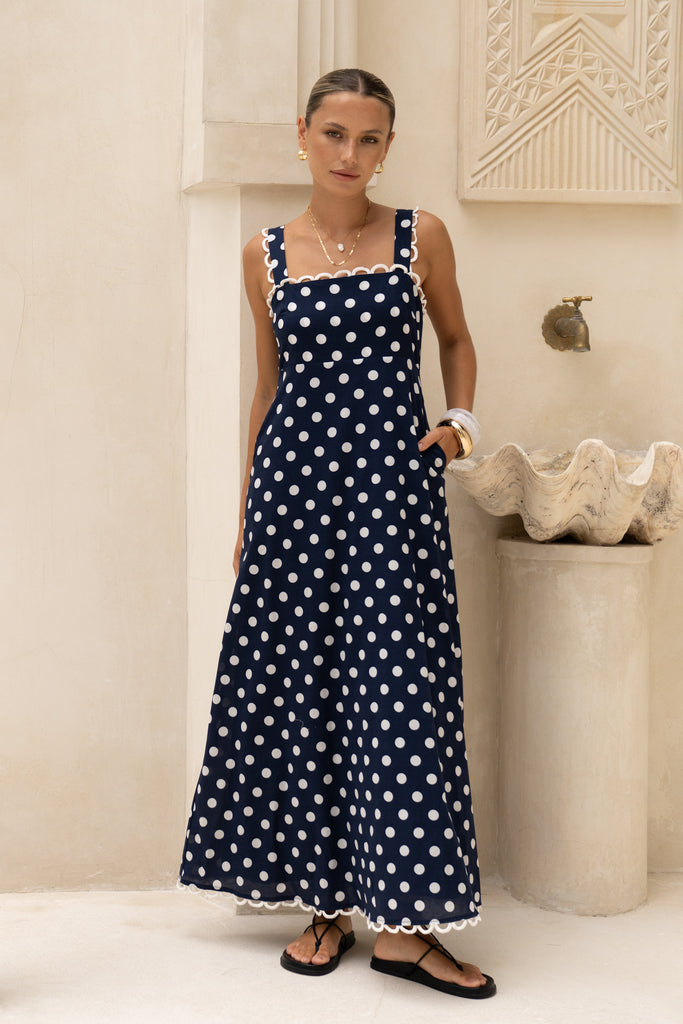 Cindy Navy Blue White Polka Dot Maxi Dress