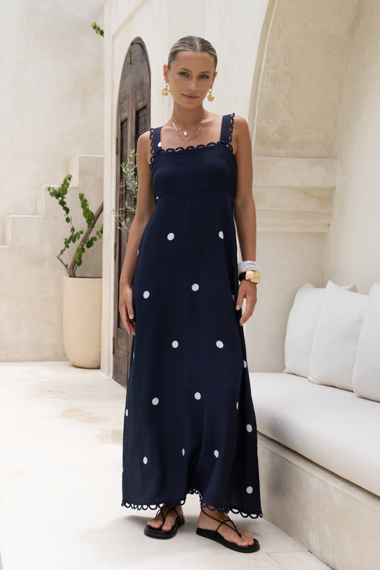 Lina Navy Blue White Polka Dot Maxi Dress