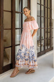 Marzella Pink Tropical Puff Sleeve Maxi Dress
